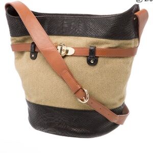 Henri Bendel Black & Brown Snakeskin
Leather & Tan Canvas Bucket Bag